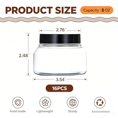16 Pack 8 oz Plastic Jars with Black Lids, BPA Free Refillable Containers