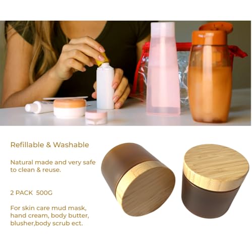 16oz Bamboo Lid Refillable Cosmetic Jar 2 Pack for Skin Care & Makeup Storage