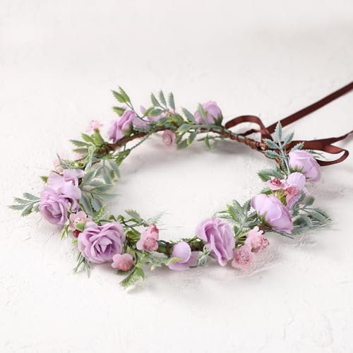 Purple Rose Flower Crown Headband - Adjustable Floral Headpiece for Women