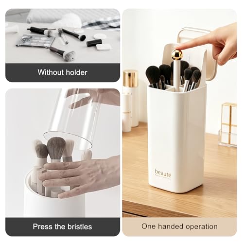 Kofebe White Makeup Brush Holder with Pop-Up Organizer