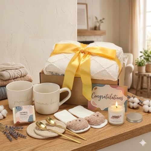 New Mom Care Postpartum Self Care After Baby Gift Basket, Newborn Boys, Girls, Unisex, Ceramic Cup Knitted Blanket Gift Baskets for Women