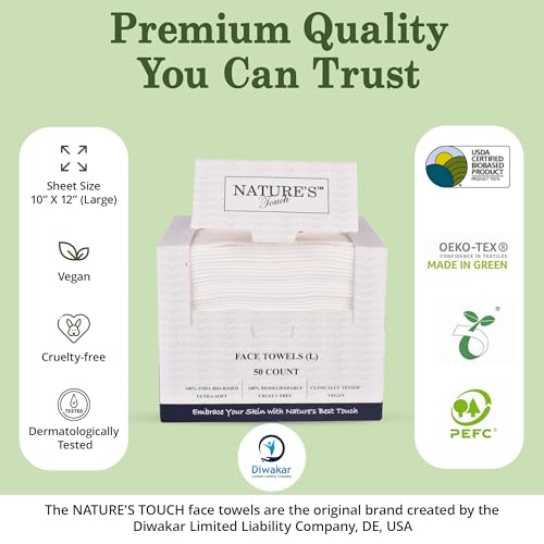 Nature’s Touch Biodegradable Face Towels - Ultra Soft, Vegan, 50 Count, Travel & Skincare
