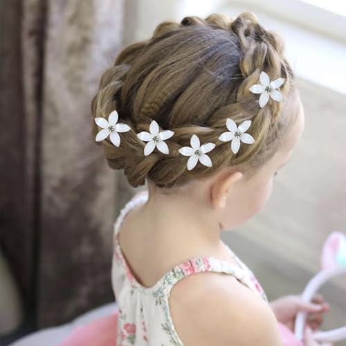 Hayooha White Flower Mini Hair Clips - 20 Pcs Rhinestone Hair Barrettes for Women, Wedding & Bridal Accessories