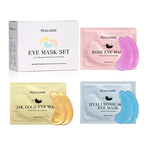 Peauamie 3Mix Under Eye Patches Set - Gold, Hyaluronic Acid & Rose for Dark Circles & Puffiness