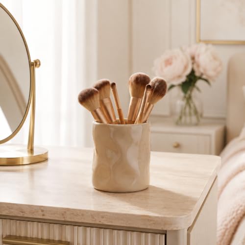 Beige Ceramic Makeup Brush Holder - 12 Oz Vanity Organizer Cup