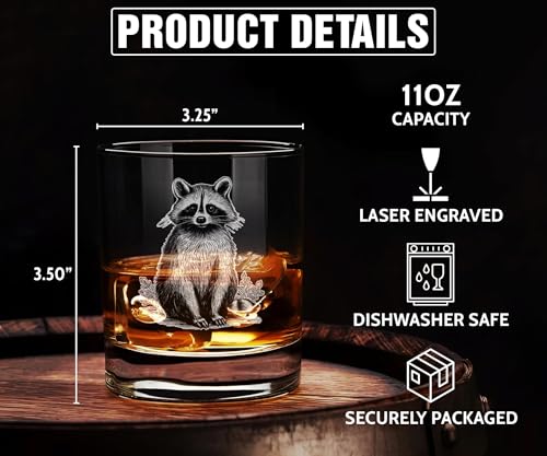 Vintage Raccoon Engraved Whiskey Glass - 11oz Barware Gift