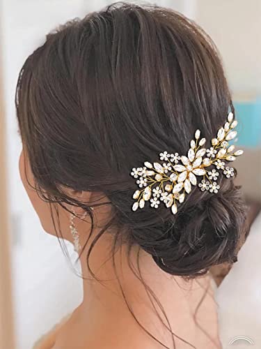 Unsutuo Gold Bridal Hair Comb with Crystal Rhinestones & Pearls - Wedding Hair Accessories for Women & Girls