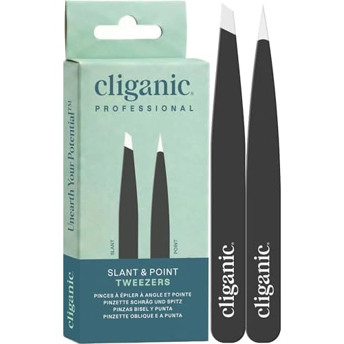 Cliganic Eyebrow Tweezers Set: Slant & Point Precision Tip | For an Easy Hair Removal, Stainless Steel, For Men & Women