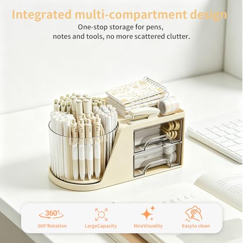 KDYNIX 360° Rotating Makeup Brush Holder, 6-Slot Organizer with 2 Drawers, Cream