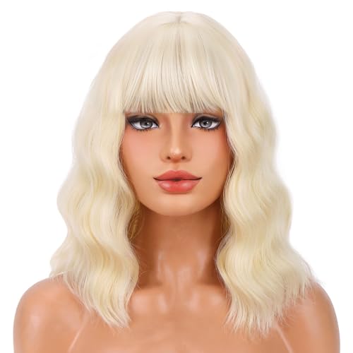 BERON Light Blonde 14-Inch Short Curly Wig with Bangs