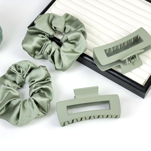 Botanical Green Tones Hair Clips & Satin Scrunchies Set - 8 Pcs for Women