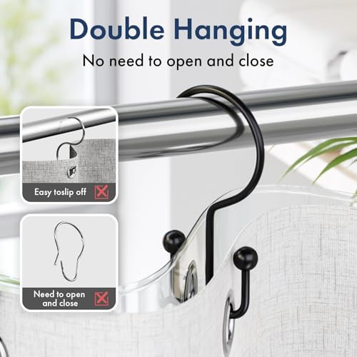 Matte Black Shower Curtain Hooks - 24 Pcs Rust-Proof Double Hook Rings