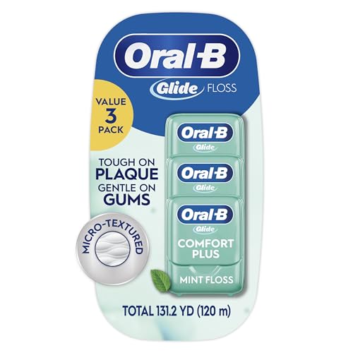 Oral-B Glide Dental Floss, Comfort Plus Mint, 3 Pack (131.2 YD Total) ? Shred-Resistant Smooth Dental Tape for Tight Spaces, Natural Wax, Removes Plaque, Gum Care, Travel-Friendly