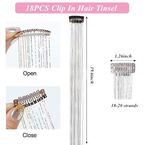 Hair Tinsel Kit - 18 Pcs Glitter Clip-In Extensions, 19.6 Inch