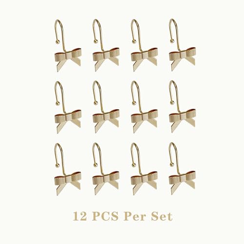 Gold Bow Shower Curtain Hooks - 12 Pack Rust Proof Metal Rings