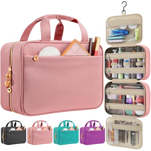Voyree Hanging Travel Toiletry Bag for Women - Large Makeup Organizer with Clear Pockets (Pink, Medium)