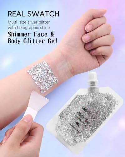 ONLYBETTER Silver Holographic Body Glitter Gel for Face & Hair - 1.69oz, Holo Silver