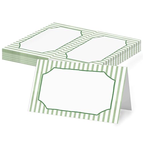 Green Striped Place Cards - 25 Pcs Watercolor Tent Cards for Events