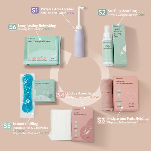 Glamommy Postpartum Recovery Essentials Kit for Women, Labor & Delivery Postpartum Care, Peri Bottle, Cooling Spray, Disposable Postpartum Underwears, Postpartum Pads, Hot&Cold Packs, Soothing Liners