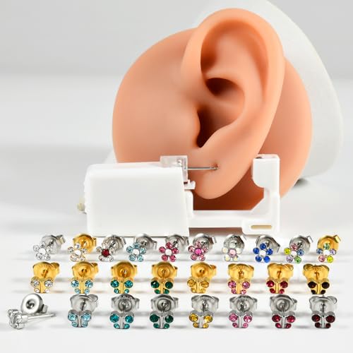 Gold Pink CZ Flower Ear Piercing Gun Kit - Sterile Tragus & Ear Studs for Home Use