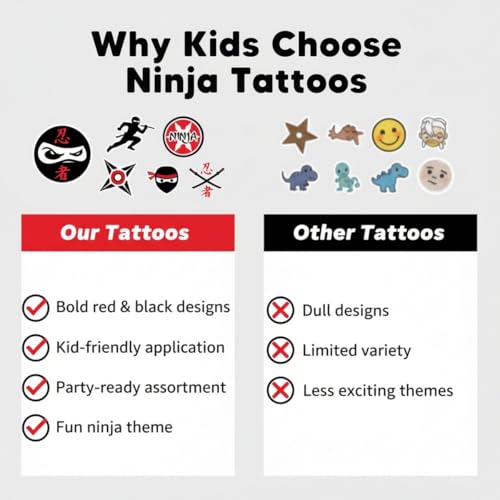 Assorted Red & Black Ninja Temporary Tattoos for Kids, 72 Count, 1.5