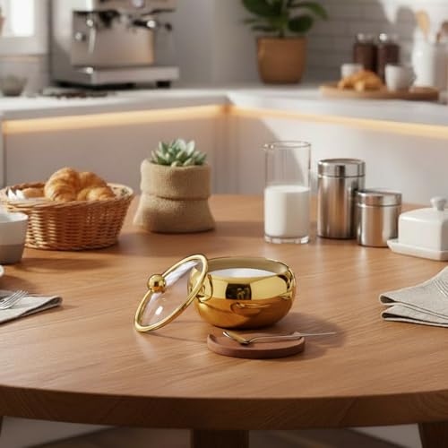 15oz Stainless Steel Sugar Bowl with Glass Lid & Spoon - Gold