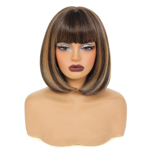 Brown Blonde Highlight Bob Wig with Bangs - Synthetic Wig for Women