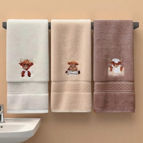 Highland Cow Hand Towels – Set of 3, 100% Cotton, Rustic Design