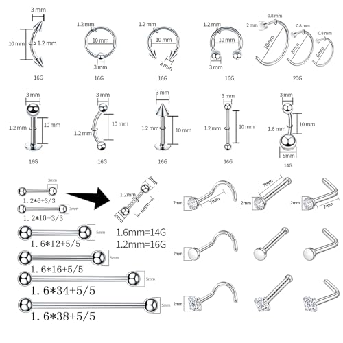 TKKUY 80Pcs Nose Piercing Kit - 12G 14G 16G 20G Needles & Stainless Steel Body Jewelry