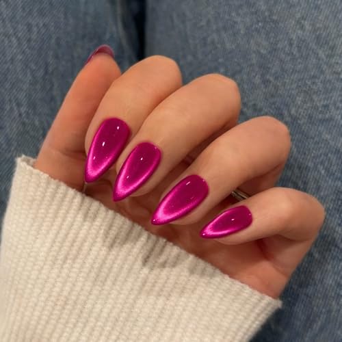 SXVME Hot Pink Cat Eye Press On Nails - 30 Pcs Medium Almond
