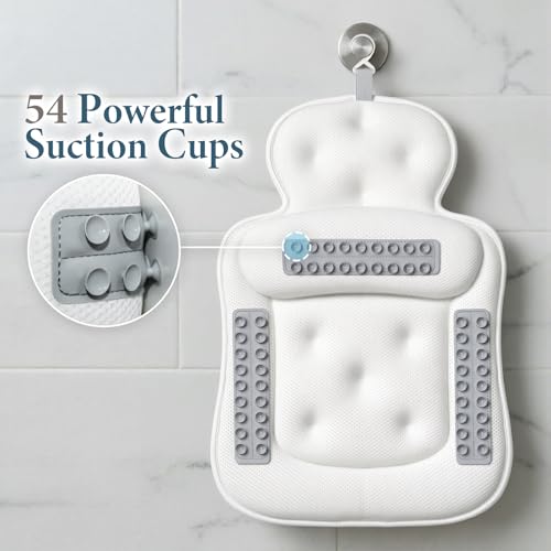 Bath Pillow for Tub - Comfortable White Standard Cushion with 54 Non-Slip Suction Cups