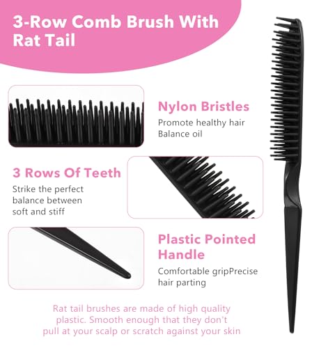 4 Pack 3-Row Hair Detangling Combs Nylon Bristle Styling Tool