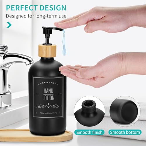 Black Glass Soap Dispenser Set with Bamboo Tray - 16 Oz, 2 Pack