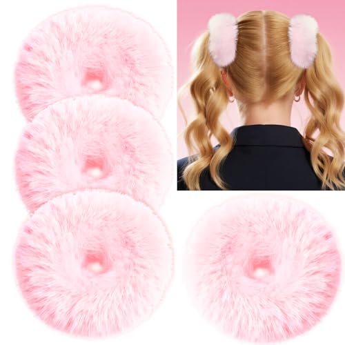 Pink Pom Pom Hair Ties - 4 Pack Furry Scrunchies for Girls & Women