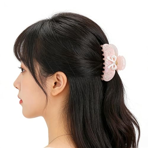 Pink Bow Claw Clip for Women - Non-Slip Rhinestone Hair Accessory