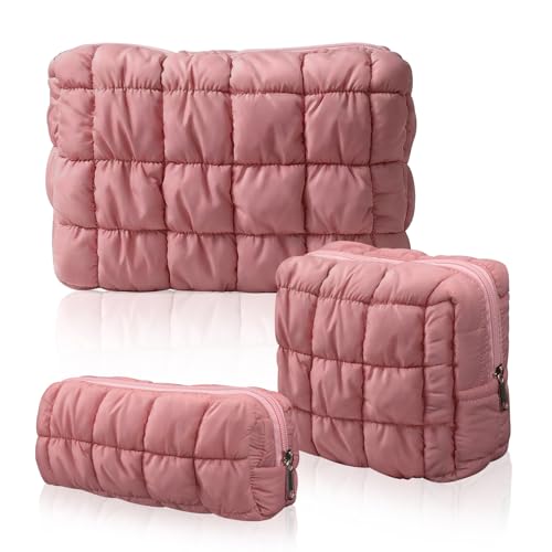 JZRTravel 3 Pack Puffer Quilted Makeup Bags Set - Dark Pink