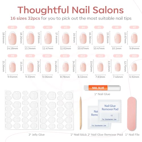 modelones French Tip Press On Nails, Short Oval Fake Nails Press Ons with Nail Glue, Adhesive Tabs, Nail File, Prep Pad, Manicure Stick, 32Pcs 16 Sizes, Nude, Spring Women Girl Gift