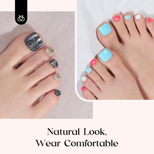 Beetles Glitter Rush Press On Toe Nails Kit - 288 Pcs Short Squoval Fake Nails with Glitter, 12 Colors, Nail Glue & Accessories
