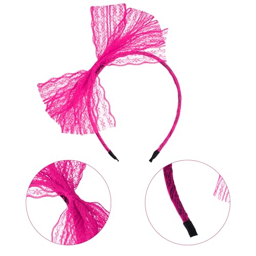 Rose Red Neon Lace Bow Headband for 80s Costume & Party Accessories