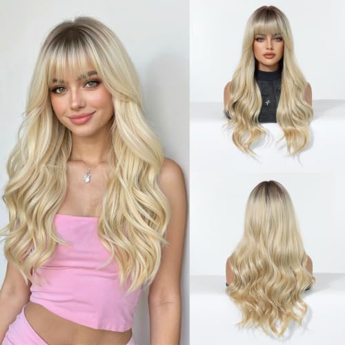 Osicapea Ombre Blonde Wigs with Bangs - 22 Inch Curly Heat-Resistant Synthetic Hair for Women, Cosplay & Daily Wear