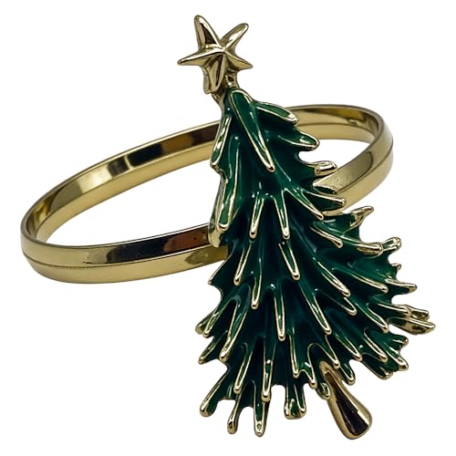 Christmas Tree Napkin Rings Set of 4 - Gold Alloy Holders with Star Topper