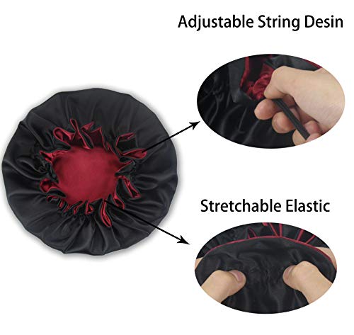 Large Satin Bonnet for Women - Adjustable Silky Sleep Cap (XL Black-Red)