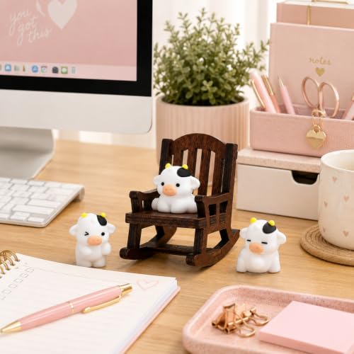 Mini Cow Figurines with Wooden Rocking Chair Desk Decoration