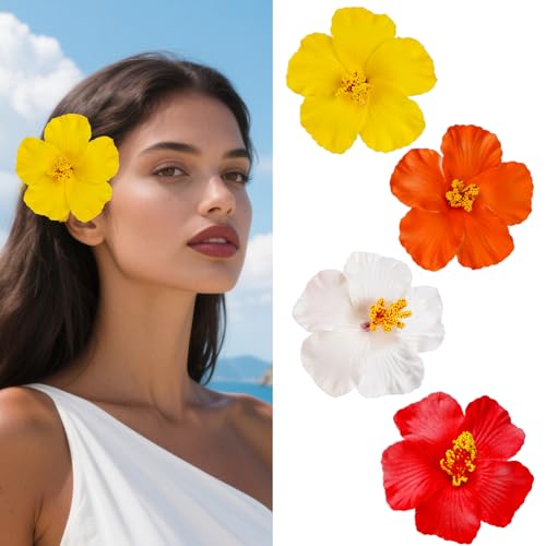 Hawaiian Flower Hair Clips - 4 Pcs Plumeria & Hibiscus, 3.5 Inch