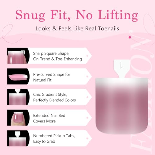 QIEK Graduated Pink French Tip Press On Toenails - 270 Pcs Square