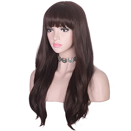 Morvally 23" Long Wavy Wig with Bangs - Ash Brown Heat Resistant Fiber