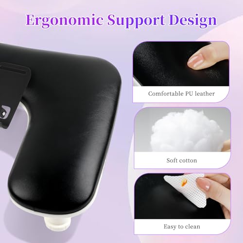 YINGJEE Manicure Arm Rest with Rotating Phone Holder - Black, Adjustable Nail Stand