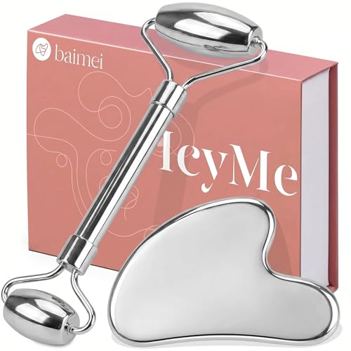BAIMEI Stainless Steel Gua Sha and Face Roller Set for Depuffing