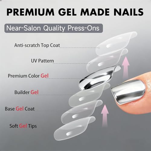 SXVME Short Square Metallic Silver Press-On Nails with Sparkle Mirror Finish, 30 Pcs - Variation: Square-Silver