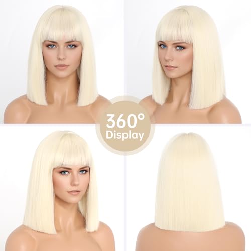 SeclitWu Blonde Bob Wigs for Women Short Straight Synthetic Heat-Resistant Hair, 12 Inch Bangs Cosplay & Daily Use